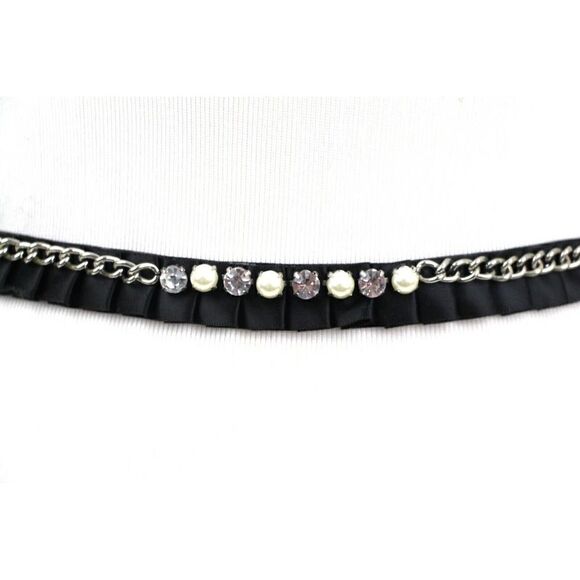 BLACK FABRIC RHINESTONE FAUX PEARL 3/4"Wd DRESS WOMEN BELT ADJUSTABLE Size (E98 - Picture 6 of 12